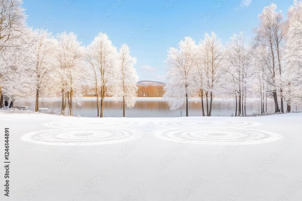 A serene winter landscape featuring a frozen lake with artistic patterns in the snow and bare trees in the background. A peaceful and scenic nature scene with copy space.. A serene winter landscape featuring a frozen lake with artistic patterns in the snow and bare trees in the background. A peaceful and scenic nature scene with copy space..