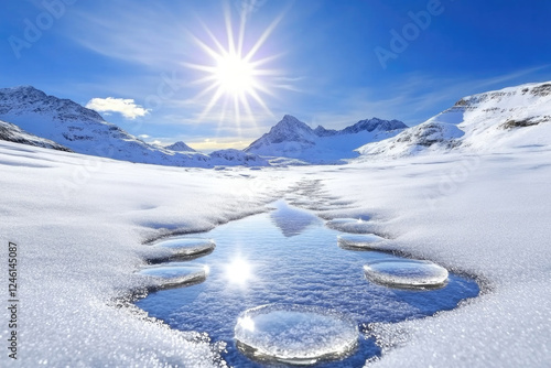 Wallpaper Mural A breathtaking winter-to-spring transition landscape featuring melting snow and reflective water puddles in the mountains, with a bright sun shining overhead with copy space.. Torontodigital.ca