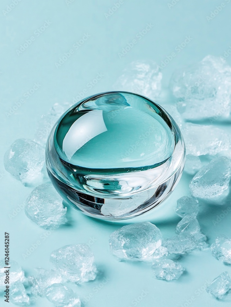 A transparent glass sphere resting on ice with scattered ice cubes around it, reflecting the cold environment. A symbolic representation of purity, clarity, and transformation with copy space.. A transparent glass sphere resting on ice with scattered ice cubes around it, reflecting the cold environment. A symbolic representation of purity, clarity, and transformation with copy space..