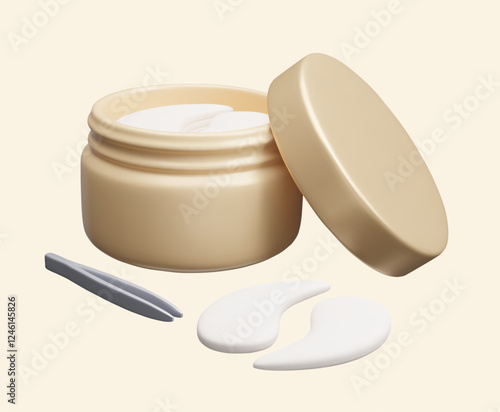 Open luxury gold eye patches cosmetic jar with tweezers applicator 3D realistic vector illustration. Korean skincare treatment, beauty cosmetic product,  hydrating collagen gel eye patches 3D vector.