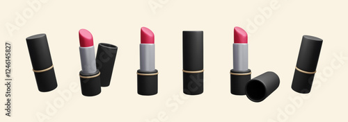 Set of different lipstick beauty makeup products 3D vector illustration. Decorative cosmetic red lip stick gloss in a black lipstick case in different shapes 3D vector render icon set. Beauty fashion.