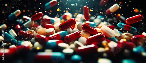 Opioid addiction crisis represented by scattered pills, medicine capsules, and tablets, reflecting the widespread epidemic, intense and dark visual tone, 8K cinematic realism photo