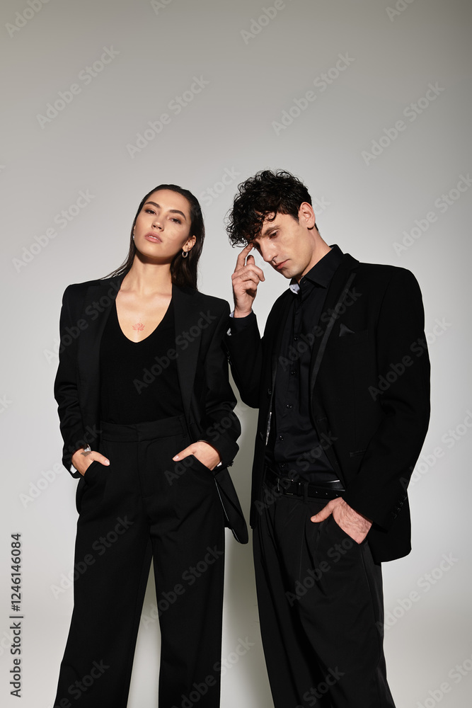 Young and stylish duo showcasing modern fashion trends in a minimalist studio setting Young and stylish duo showcasing modern fashion trends in a minimalist studio setting