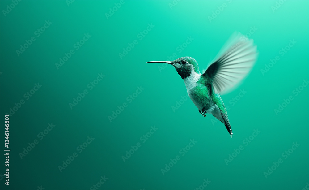 A hummingbird in mid-flight with its wings beating rapidly, set against a vibrant green gradient background. A hummingbird in mid-flight with its wings beating rapidly, set against a vibrant green gradient background.