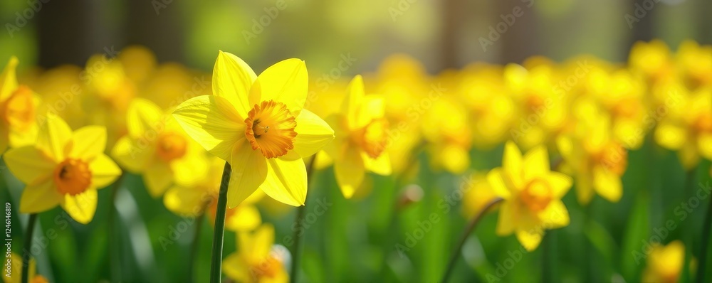 Obraz premium Vast yellow daffodils sway gently in the spring breeze, flowers, blooming