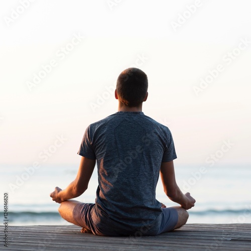 Man Practicing Meditation on Wooden Deck by the Sea – Mindfulness and Inner Peace photo