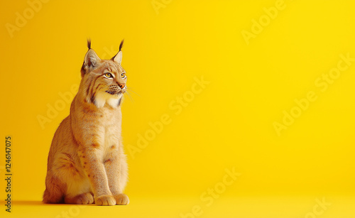 A majestic caracal cat sitting elegantly against a vibrant yellow background, showcasing its tufted ears and sharp gaze. photo