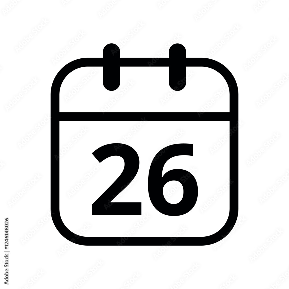 Simple flat icon of black hollow calendar isolated on transparent background for websites and graphic resources, calendar icon, day 26. Simple flat icon of black hollow calendar isolated on transparent background for websites and graphic resources, calendar icon, day 26.