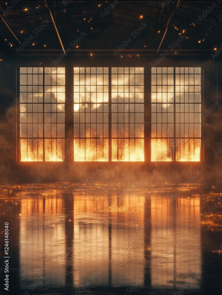 Fototapeta premium A dramatic view of a burning building interior.