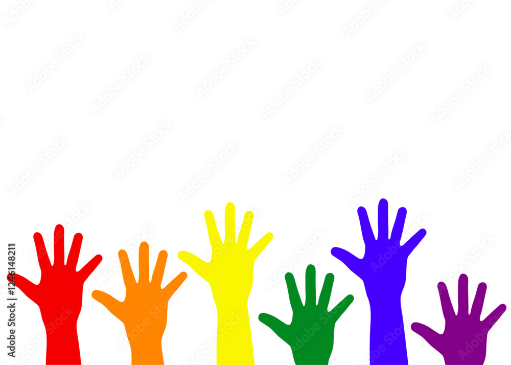 Logo lgbt. Mes del orgullo. Banner con grupo de manos alzadas con los colores de la bandera arcoiris Logo lgbt. Mes del orgullo. Banner con grupo de manos alzadas con los colores de la bandera arcoiris