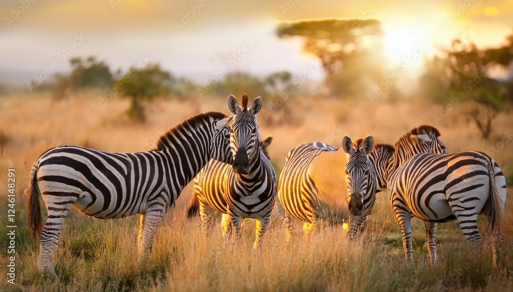 Fototapeta premium Vibrant Plains of East Africa A Striking Encounter with Majestic Zebras Basking in the Warm African Sunlight, Capturing the Energy and Grace of Natures Dazzling Creatures.