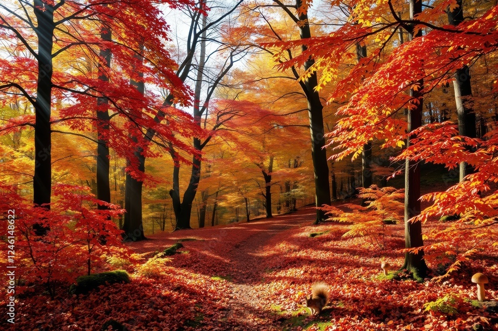Fototapeta premium Autumnal Forest Path with Squirrels