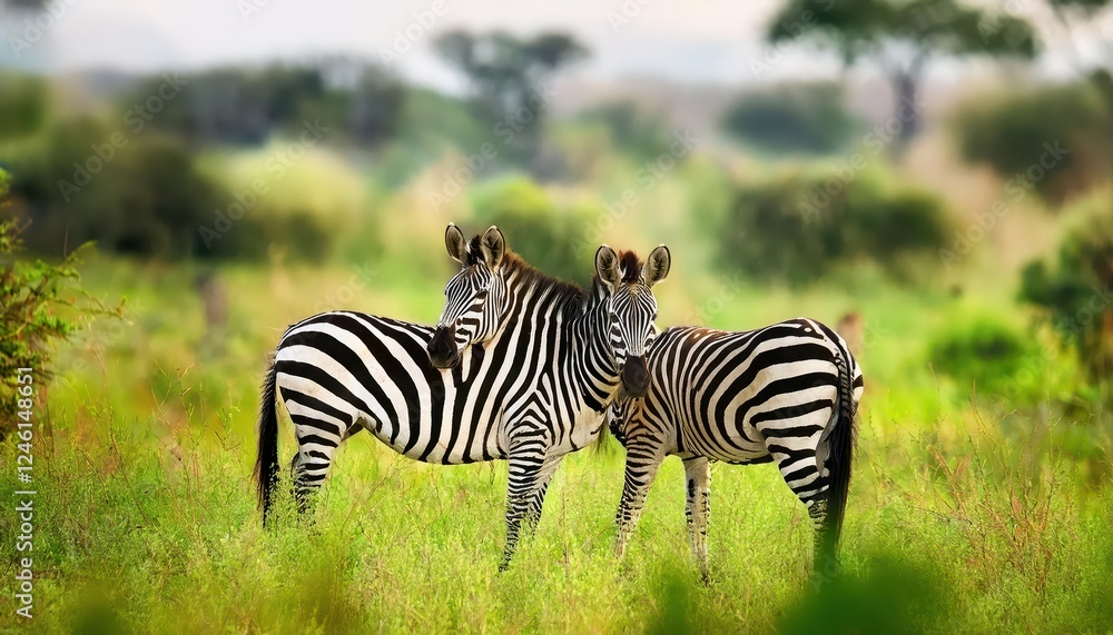 Zebras in Lush Green Savannah of Zambia at Sunset, Majestic Stripes Illuminated against a Backdrop of Rich African Scenery, Capturing the Spirit of Wildlife and Adventure Zebras in Lush Green Savannah of Zambia at Sunset, Majestic Stripes Illuminated against a Backdrop of Rich African Scenery, Capturing the Spirit of Wildlife and Adventure