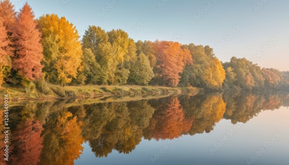 Tranquil Autumn River with Reflective Waters Tranquil Autumn River with Reflective Waters