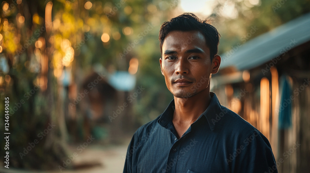 Local south east asian Thai filipino malaysian handsome good looking attractive guy in his early thirty tan skin standing in front of his village Local south east asian Thai filipino malaysian handsome good looking attractive guy in his early thirty tan skin standing in front of his village