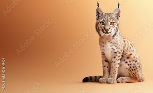 A majestic lynx with sharp eyes and tufted ears sits elegantly against a warm beige background. photo