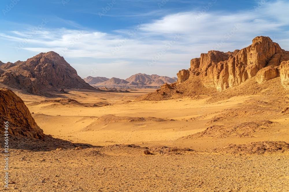 Desert landscape panorama, sunlit canyon, rocky mountains, clear sky, travel poster Desert landscape panorama, sunlit canyon, rocky mountains, clear sky, travel poster