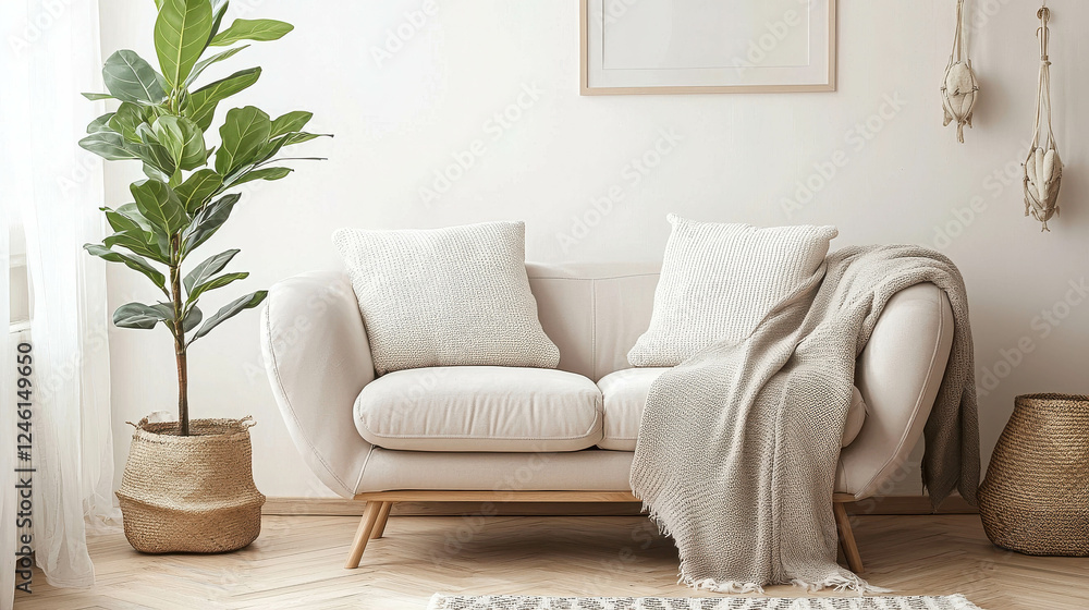 Obraz premium Bright Scandinavian Style Living Room with Light Wooden Furniture and Cozy Textiles
