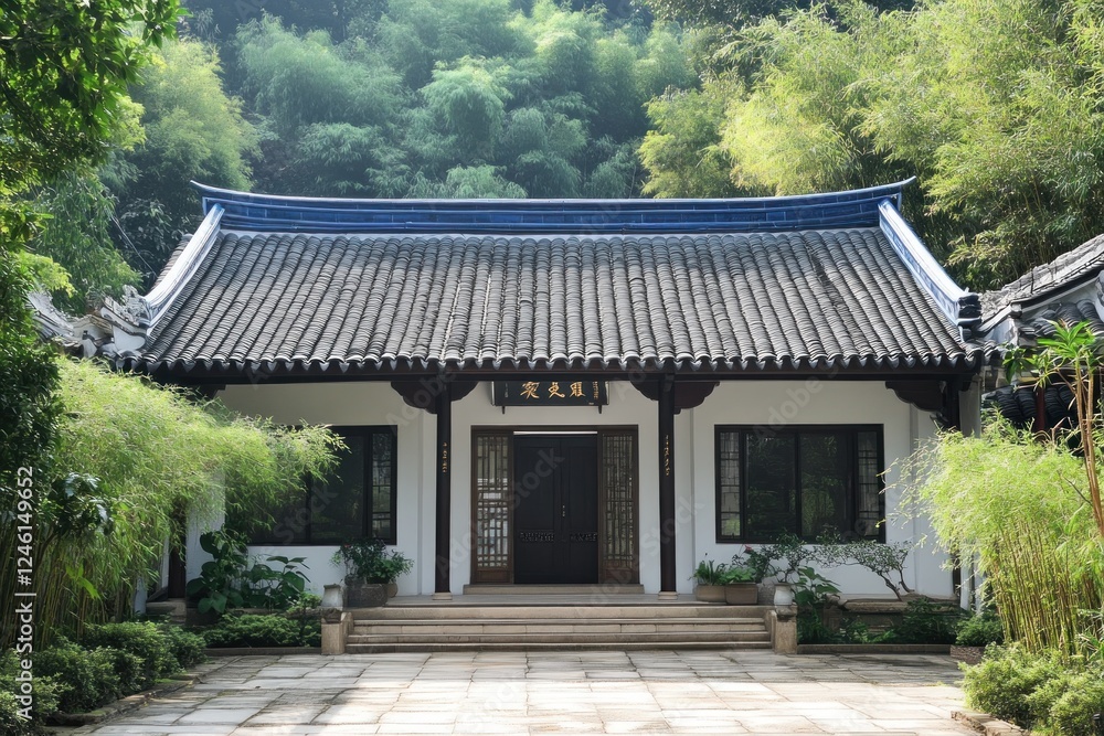 Traditional Asian building with tile roof, green forest background, could be a temple or teahouse