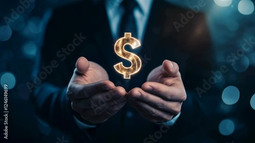 Businessman Holding Golden Dollar Sign: Success, Finance, Investment Concept. Wealth Management, Financial Growth in Modern Corporate Environment 4K