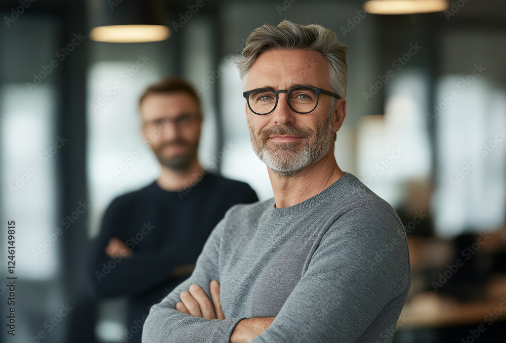 A middle-aged business executive in the office with a colleague A middle-aged business executive in the office with a colleague