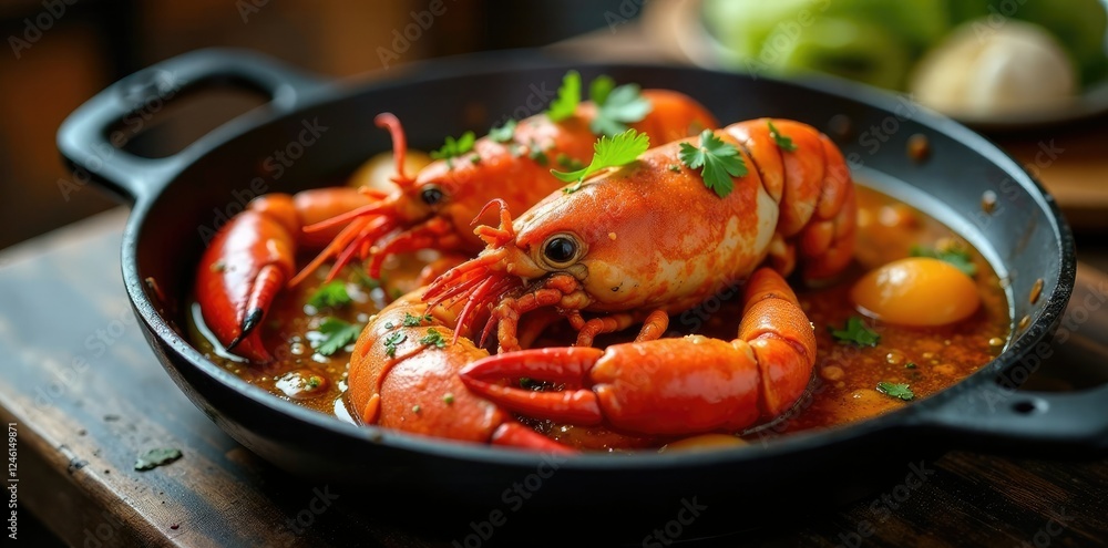 Sizzling hot pan with lobster and garlic butter, spicy, homarus gammarus, lobster Sizzling hot pan with lobster and garlic butter, spicy, homarus gammarus, lobster