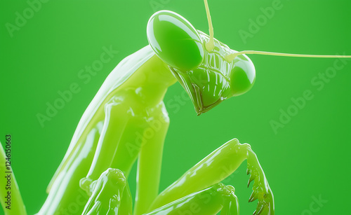A striking green praying mantis with an intense gaze and sharp features against a vivid green background.
