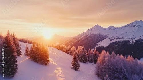 Aerial view of snowy mountains at sunset. Warm light over frosted trees and hills. Serene winter landscape, golden hour glow. Nature beauty in 4K.