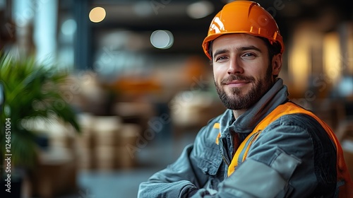 Construction Worker Ready for Work in Office Lobby - Professional, Workplace, and Career-Related Imagery