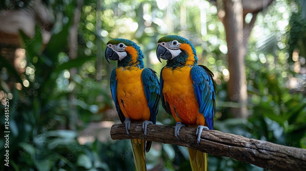 Two macaws perched on branch, lush tropical garden background, nature wildlife photography Two macaws perched on branch, lush tropical garden background, nature wildlife photography