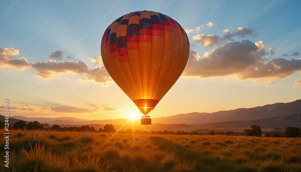Naklejka premium Vibrant hot air balloon soaring at sunrise, uplifting adventure