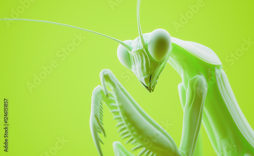 A striking green praying mantis with an intense gaze and sharp features against a vivid green background.
