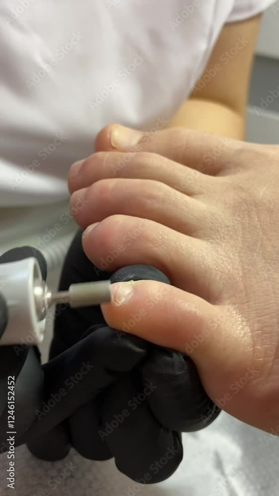 demonstration of a hardware pedicure. the process of foot care. vertical video demonstration of a hardware pedicure. the process of foot care. vertical video
