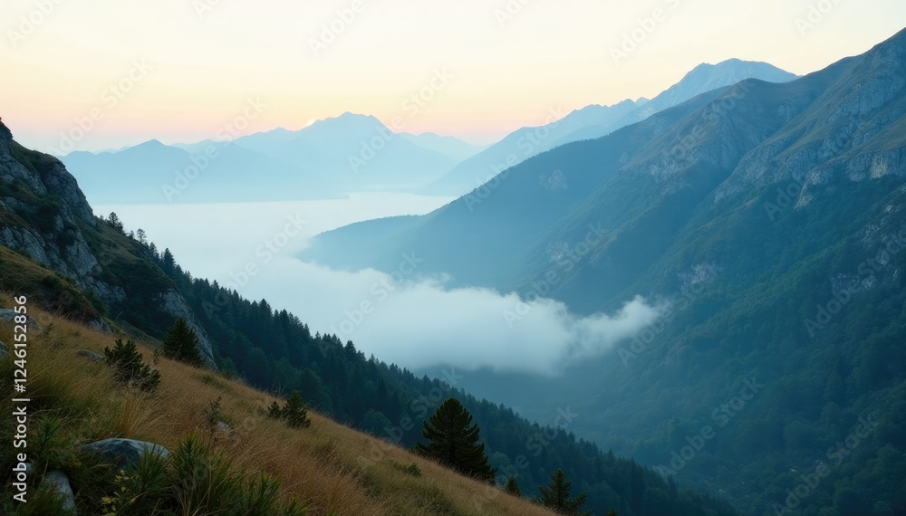 Obraz premium Misty morning veils the rugged mountain terrain, misty, terrain