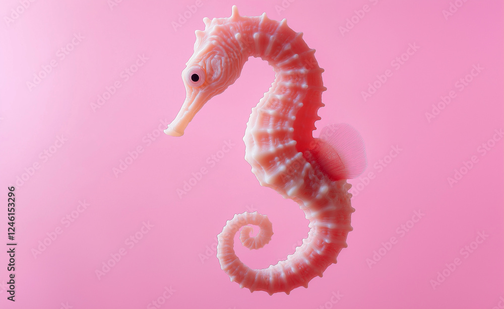 Fototapeta premium A delicate pink seahorse with a curled tail floating gracefully against a soft pink background.