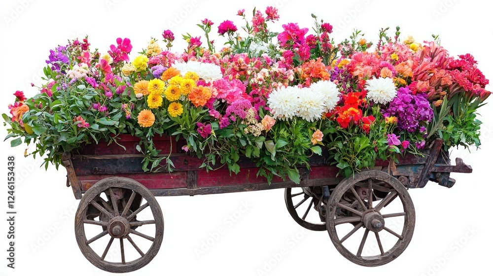 Colorful Flowers Overflowing From Rustic Wooden Cart