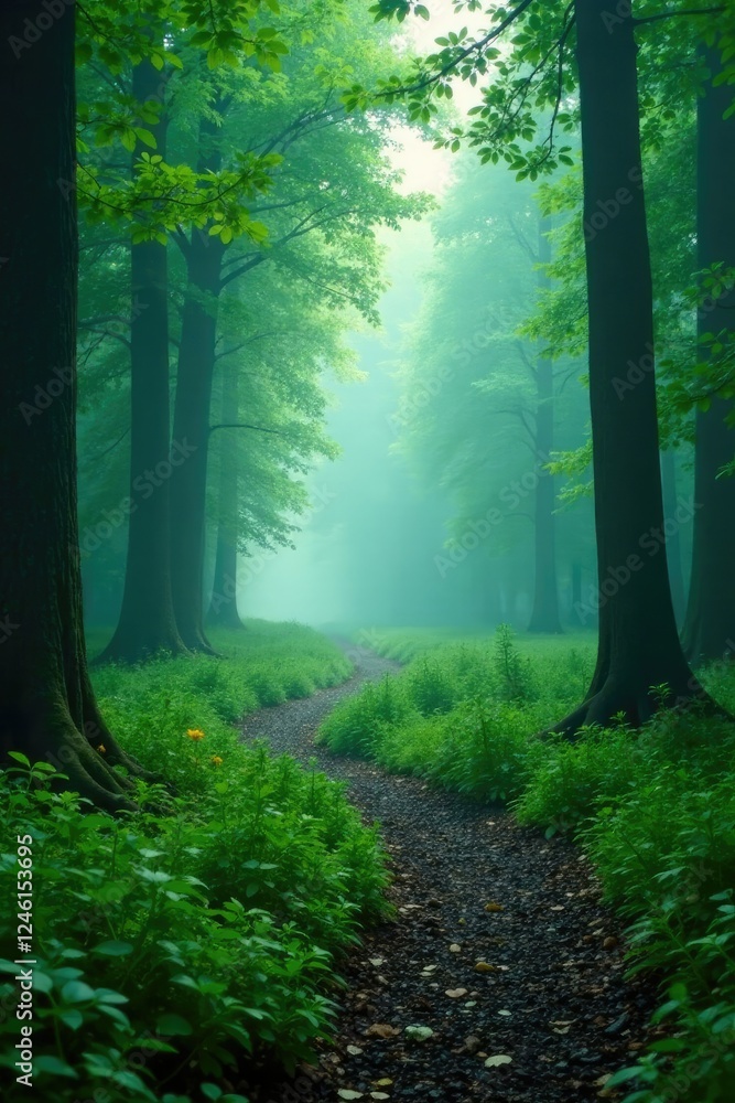 Naklejka premium Misty forest trail winding through trees foggy, green, morning