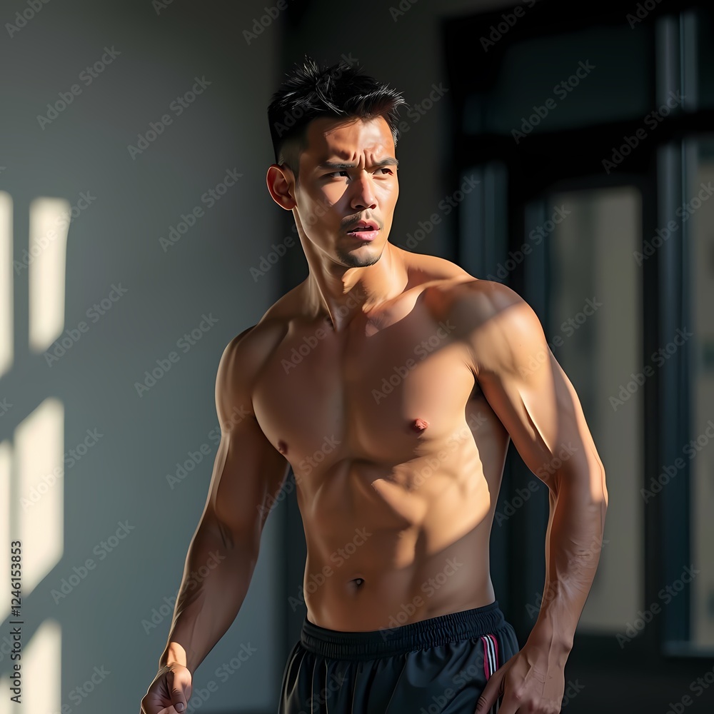 Fototapeta premium Pacific Islander Grace: A Calm Athlete in Modern Ambiance