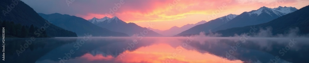 Misty dawn breaks over a calm lake in the mountains, dawn, water, mountain Misty dawn breaks over a calm lake in the mountains, dawn, water, mountain