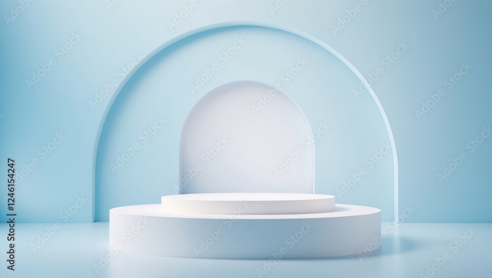 Minimalist podium product display stand against light blue arches. Minimalist podium product display stand against light blue arches.