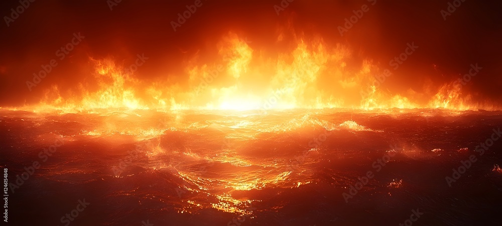 Fototapeta premium A dramatic view of a fiery ocean at dusk, showcasing vibrant flames reflecting on turbulent ocean waves. The intense colors evoke a sense of chaos and beauty.