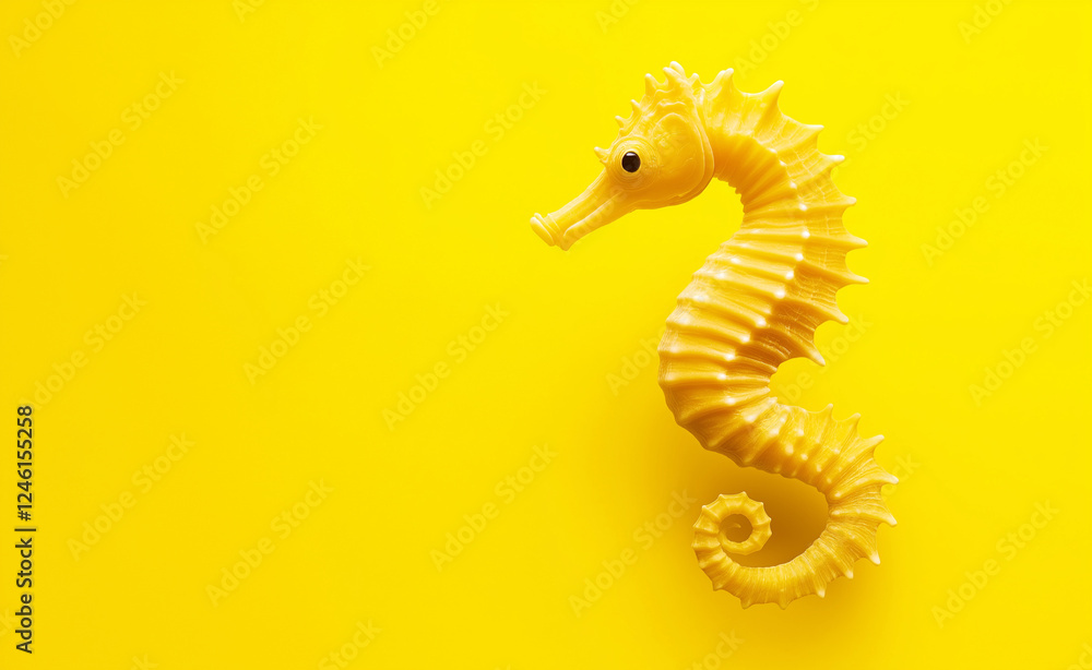 Fototapeta premium A bright yellow seahorse with an elegant curled tail isolated against a vivid yellow background.