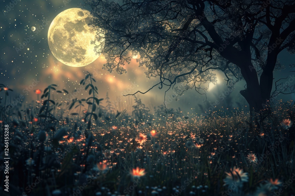A tranquil night landscape featuring a full moon illuminating a meadow filled with wildflowers under a starry sky near a dark silhouette of a tree A tranquil night landscape featuring a full moon illuminating a meadow filled with wildflowers under a starry sky near a dark silhouette of a tree