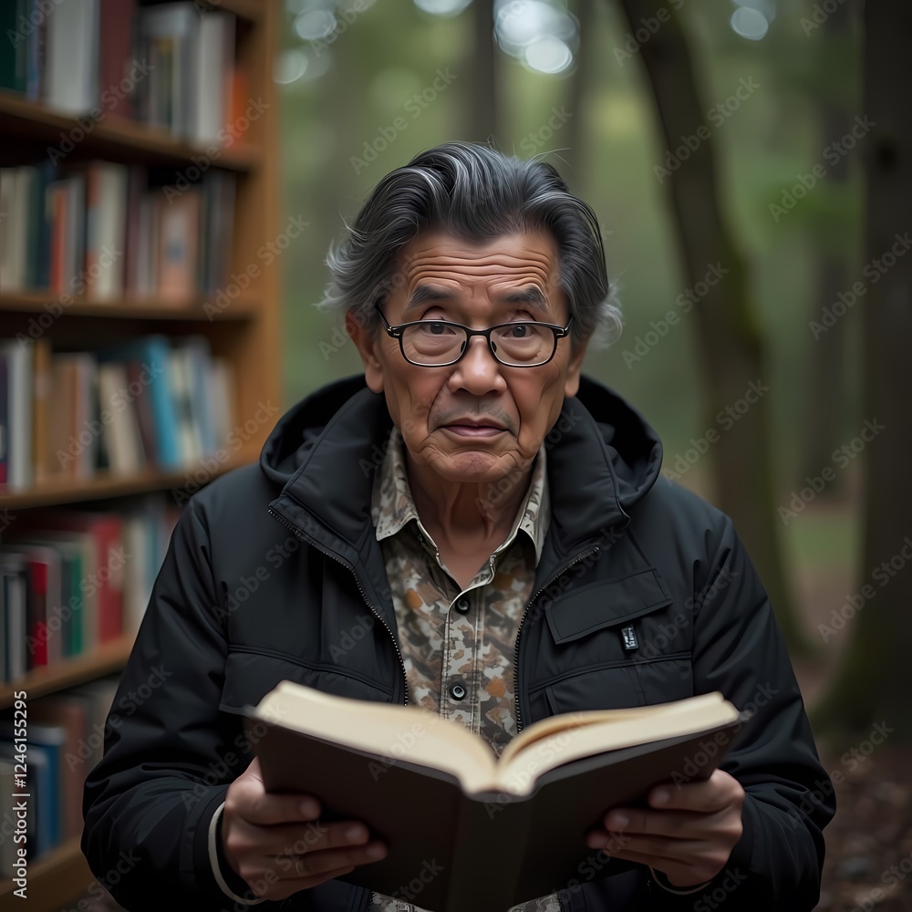 Tranquil Pacific Islander Senior in Stylish Accessories: Surprised in Forest Library Glow Tranquil Pacific Islander Senior in Stylish Accessories: Surprised in Forest Library Glow