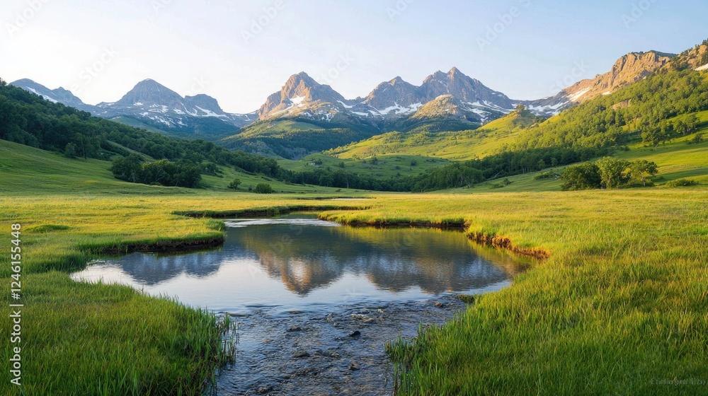 Mountain valley sunrise, calm stream reflection, summer meadow Mountain valley sunrise, calm stream reflection, summer meadow