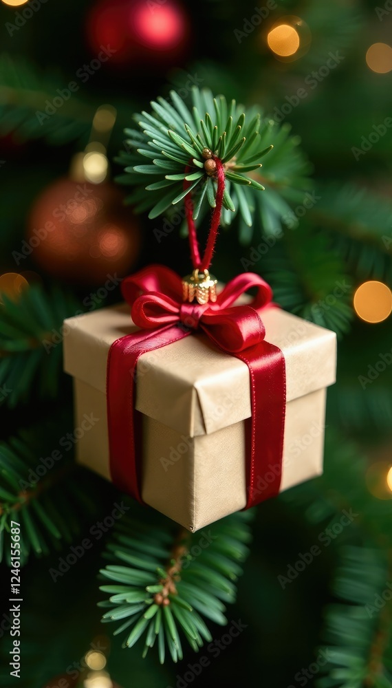 Gift box ornament on brown paper wrapped fir tree branch, Christmas, ornament Gift box ornament on brown paper wrapped fir tree branch, Christmas, ornament