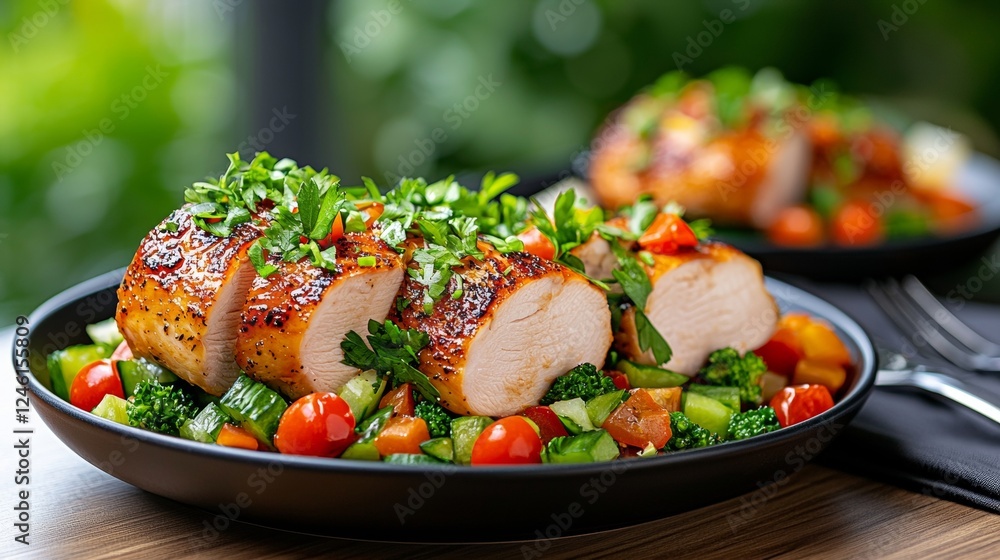 Delicious grilled chicken breast with colorful vegetable medley home kitchen food photography cozy dining atmosphere close-up view healthy eating concept Delicious grilled chicken breast with colorful vegetable medley home kitchen food photography cozy dining atmosphere close-up view healthy eating concept