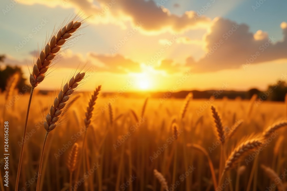 Gentle rustling of wheat in a serene sunset breeze, golden wheat field at sunset, peaceful scene Gentle rustling of wheat in a serene sunset breeze, golden wheat field at sunset, peaceful scene