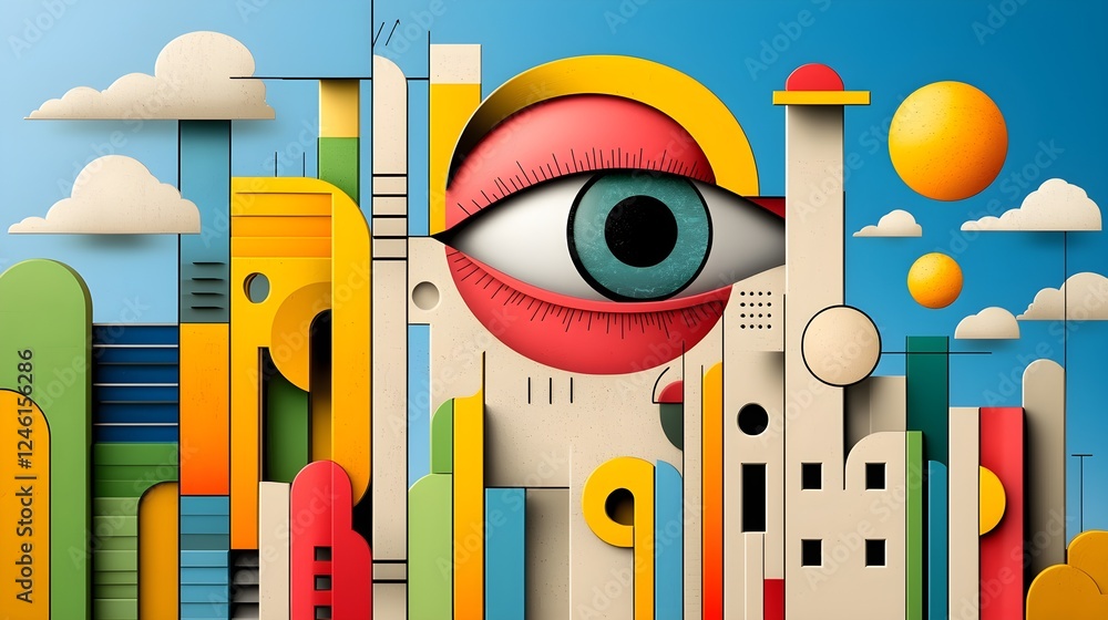 Colorful Abstract Cityscape with Eye and Geometric Shapes Colorful Abstract Cityscape with Eye and Geometric Shapes