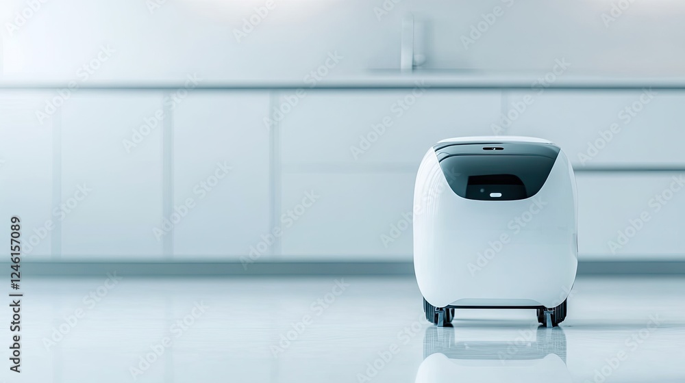sleek modern robotic assistant tidying up minimalist kitchen showcasing advanced technology in daily life with clean sleek modern robotic assistant tidying up minimalist kitchen showcasing advanced technology in daily life with clean